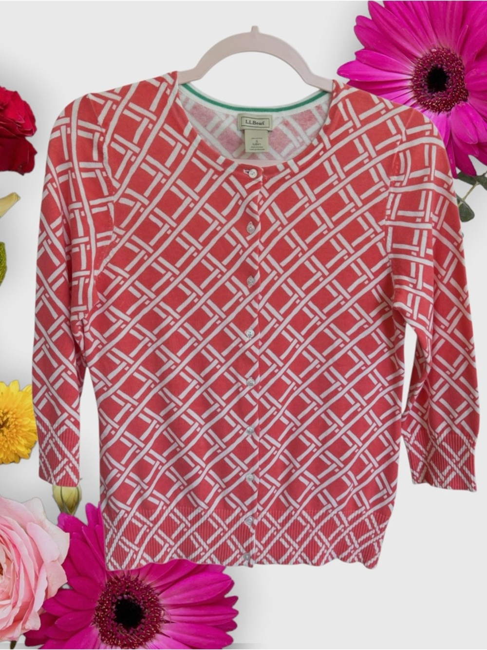 L.L. Bean Pink and White Lattice Crewneck Sweater